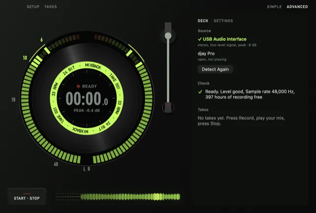 Mixback in Advanced mode: the deck and an inspector with source and level check.