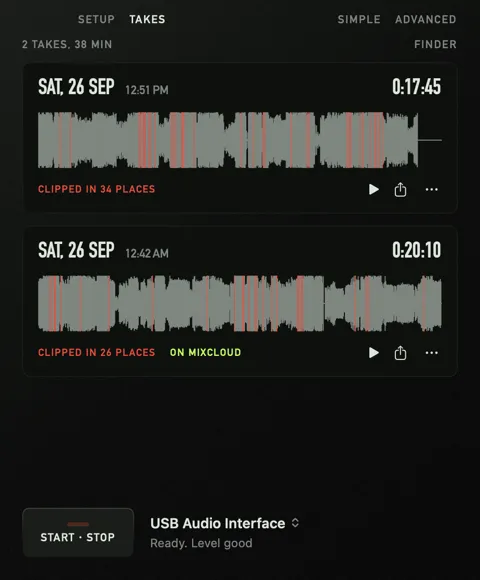The Mixback Takes page: two sets as waveforms, red marks where each clipped.